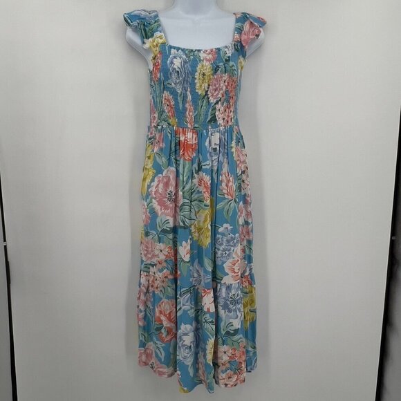 Loft Garden Smocked Ruffle Midi Dress Women's S - Picture 2 of 10